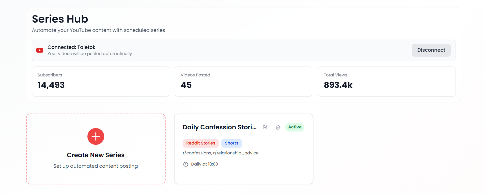 TaleTok dashboard — series, queue, and growing subscribers